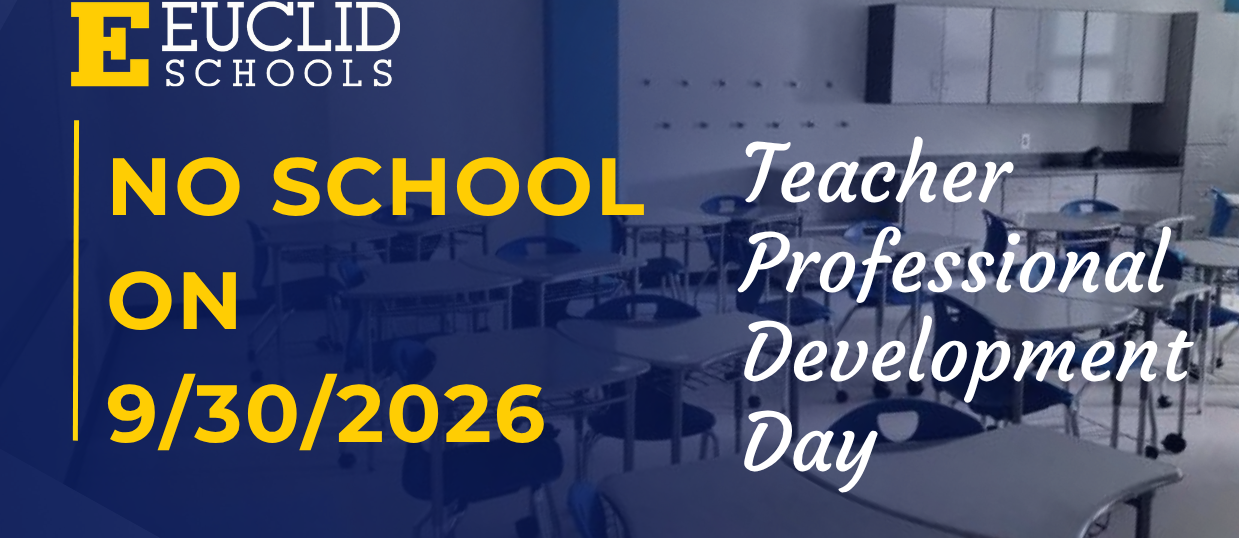 Empty classroom with desks and chairs. Blue banner reads: "NO SCHOOL ON 9/30/2026 Teacher Professional Development Day".