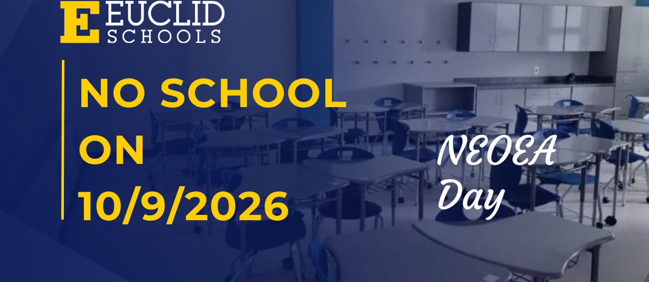 Empty classroom with desks and chairs. Blue banner says "No School on NEORA Day, 10/9/2026".