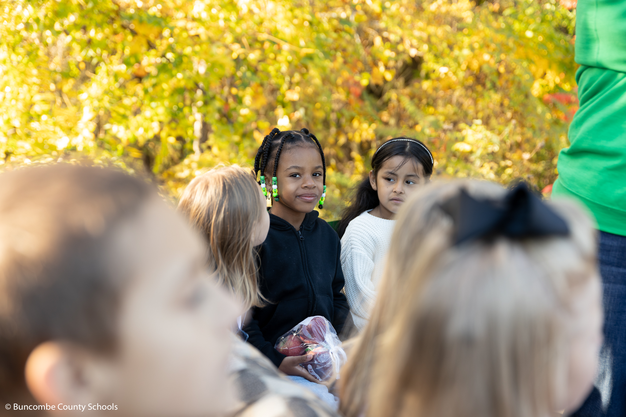 Group of kids on a tractor ride through an apple orchard. 