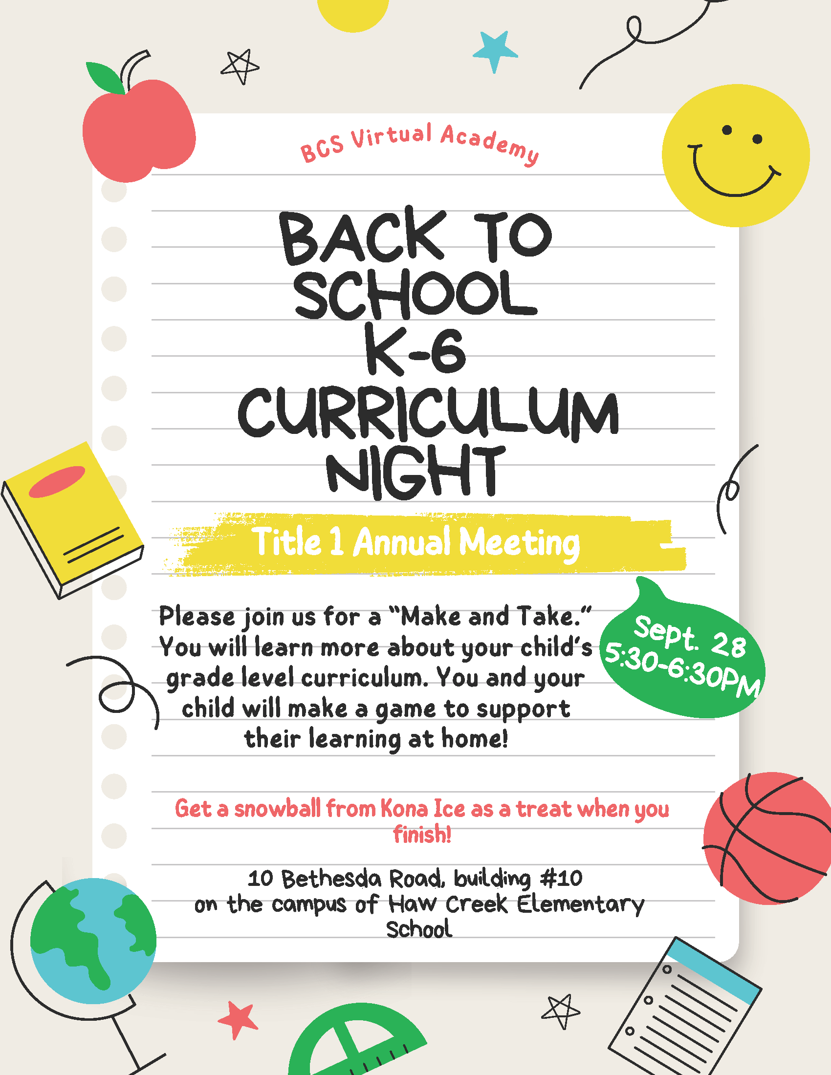 BACK TO SCHOOL  K-6  CURRICULUM  NIGHT Title 1 Annual Meeting SEPTEMBER 28 5:30-6:30