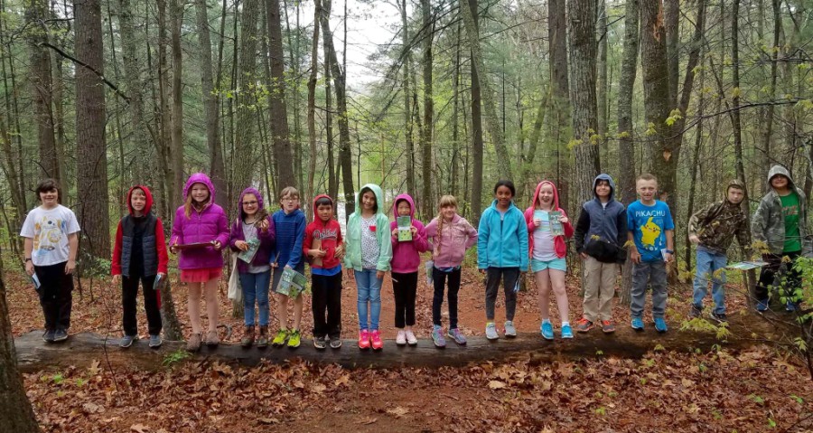 Students in a forrest