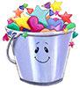 a cartoon bucket of stars and hearts