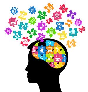 A persons head with the brain forming a puzzle, the piece all aligning together in different colors. 