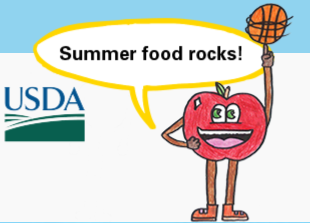 A red apple with a big smile playing with a basketball and saying "Summer food rocks!"