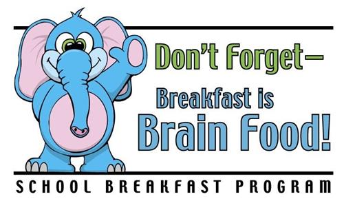 A blue elephant waving along with the phrase of "Don't forget, Breakfast is brain food!"