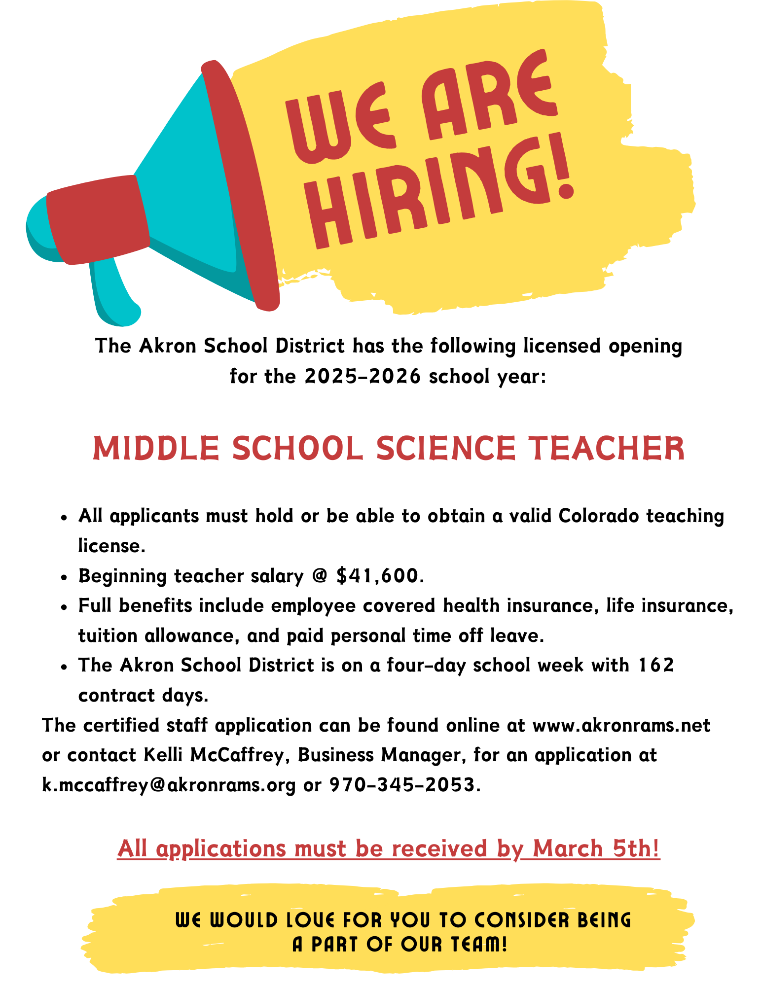 Middle school science teacher opening