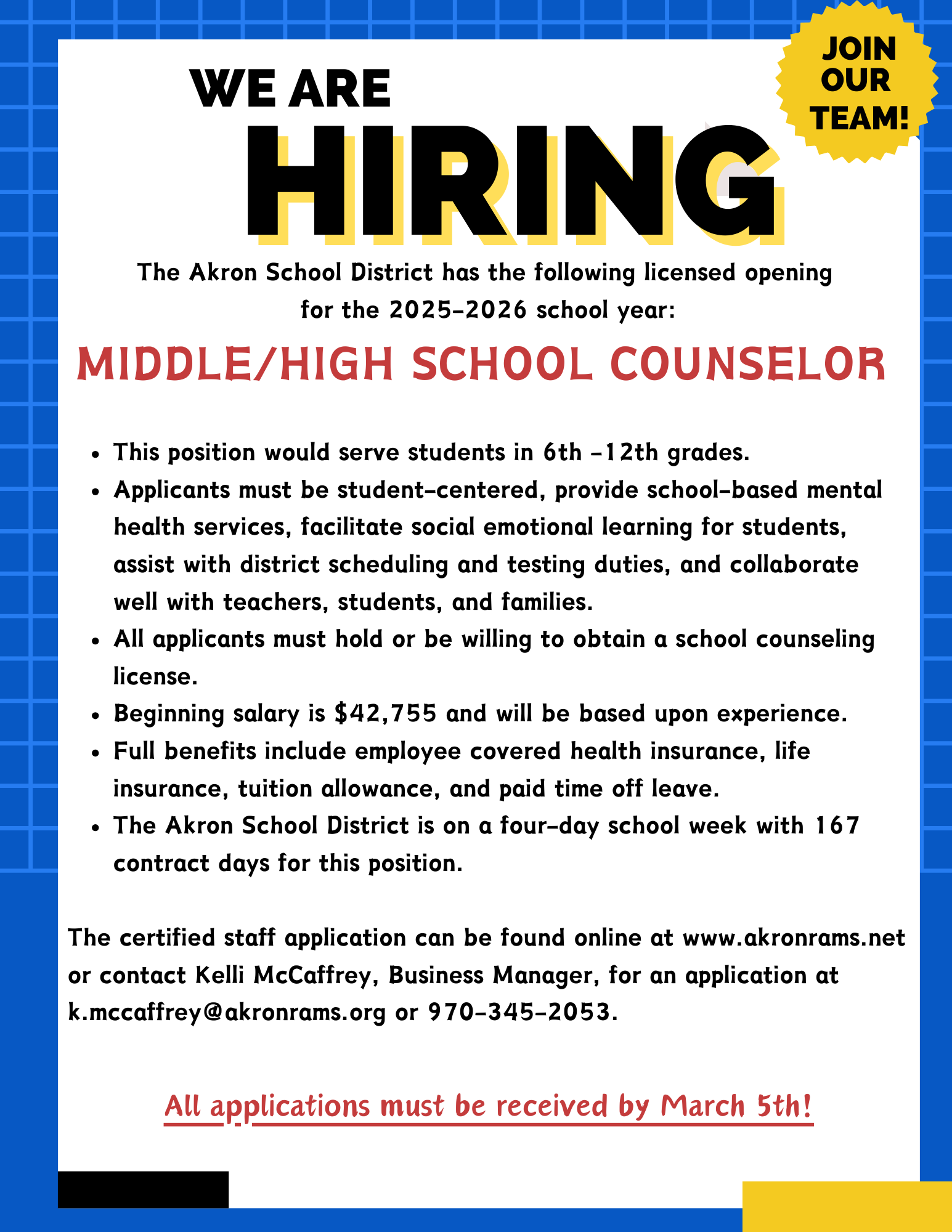 Middle school/high school counselor job opening