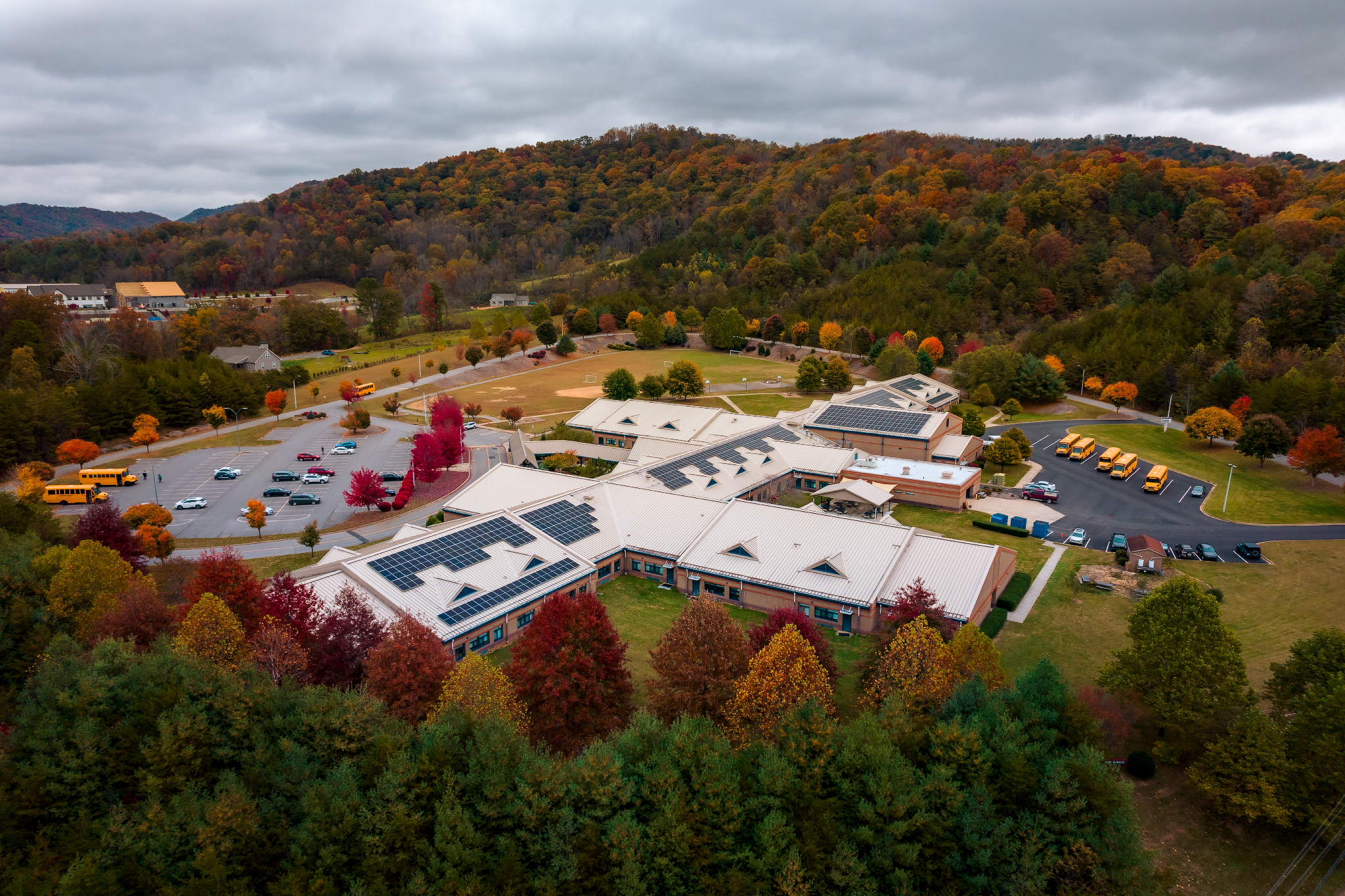 Drone photo of the school in the fall.