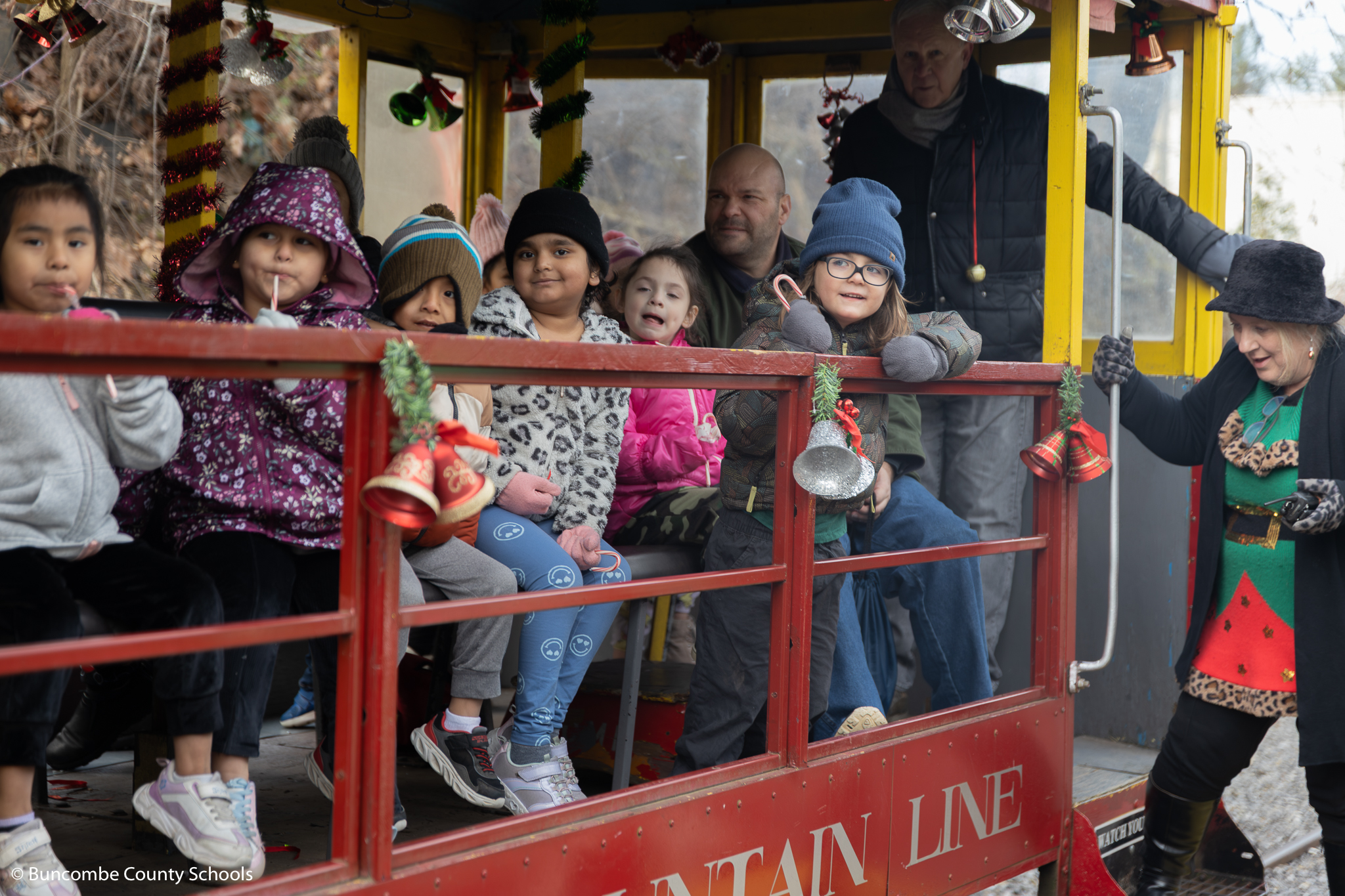 Children riding on the Craggy Mountain Railroad train during the annual Polar Express experience. 