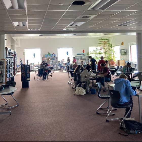 An  image of the library from the door to the windows. Students are working at tables.
