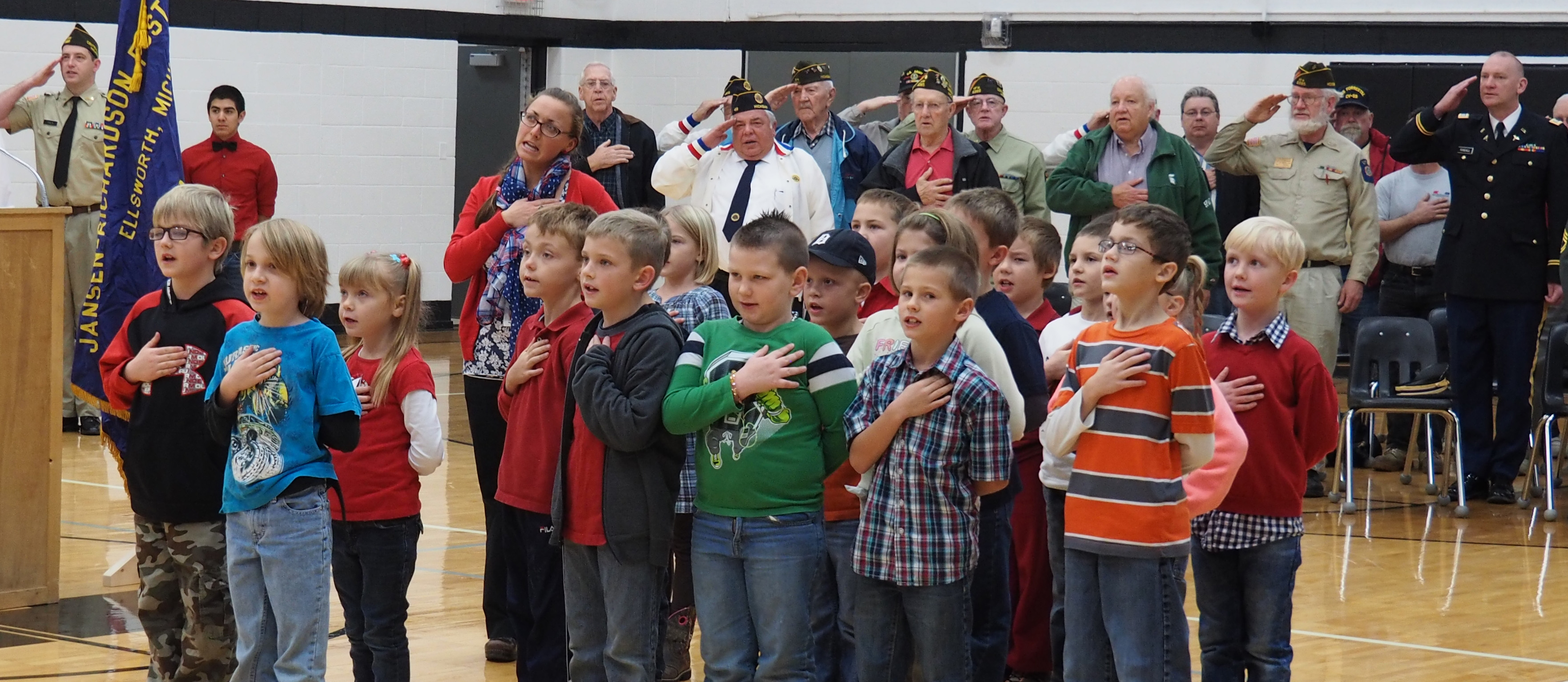 photo of elementary students during the pledge of allegiance