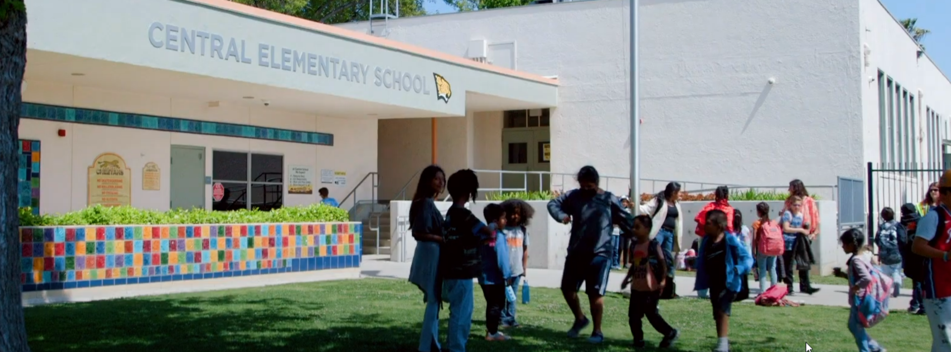Central Elementary front entrance with students congregating