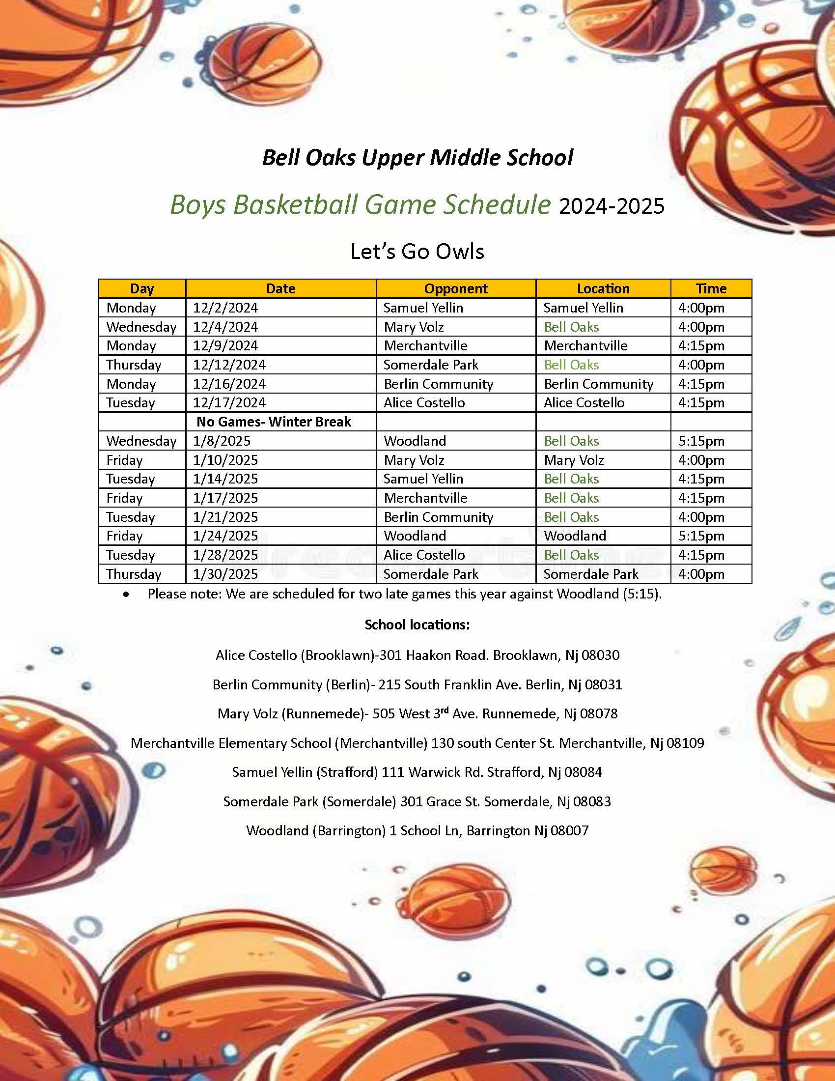 Boys Basketball Schedule