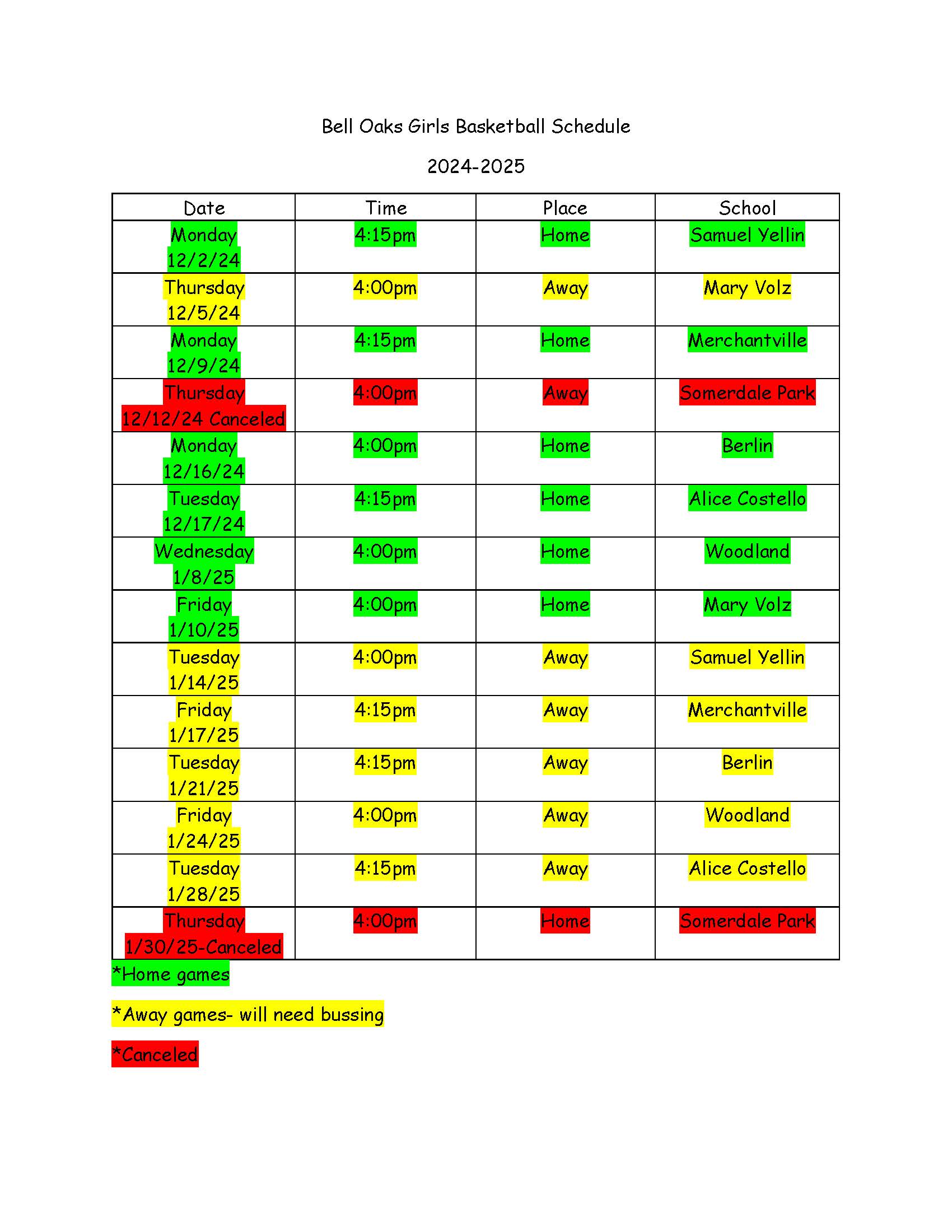 2024-2025 Basketball Schedule