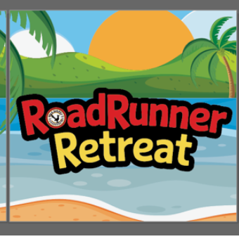 7:51 AMClaude responded: A tropical beach scene illustration with palm trees, rolling green hills, a bright sun, and ocean waves, featuring a roadrunner silhouette on the sand and the …A tropical beach scene illustration with palm trees, rolling green hills, a bright sun, and ocean waves, featuring a roadrunner silhouette on the sand and the "RoadRunner Retreat" logo in red and yellow lettering across the center.
