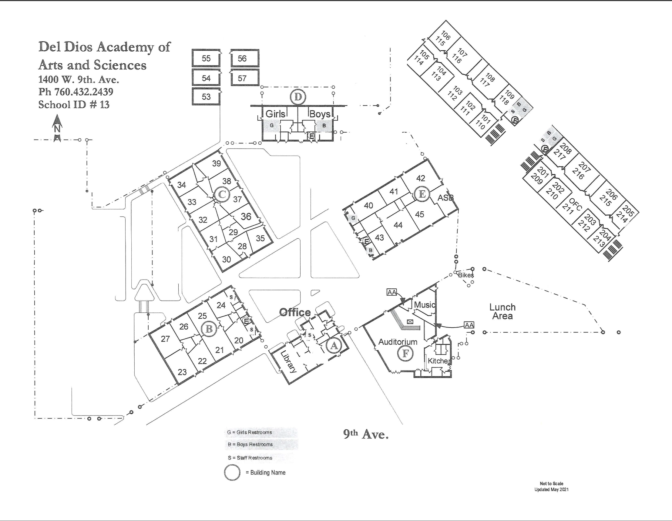 Campus map of Del Dios Academy showing map for the entire campus including the STEM and new VAPA building.