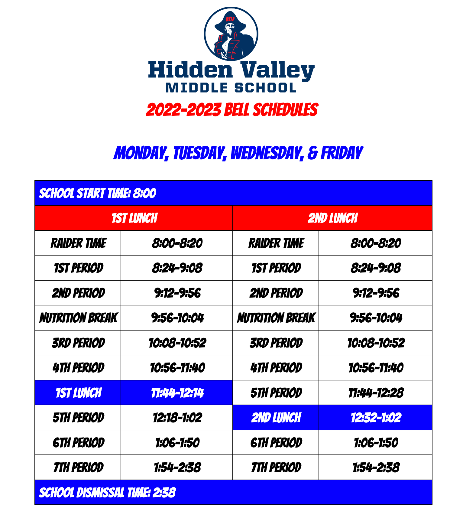 Bell Schedules Hidden Valley Middle School