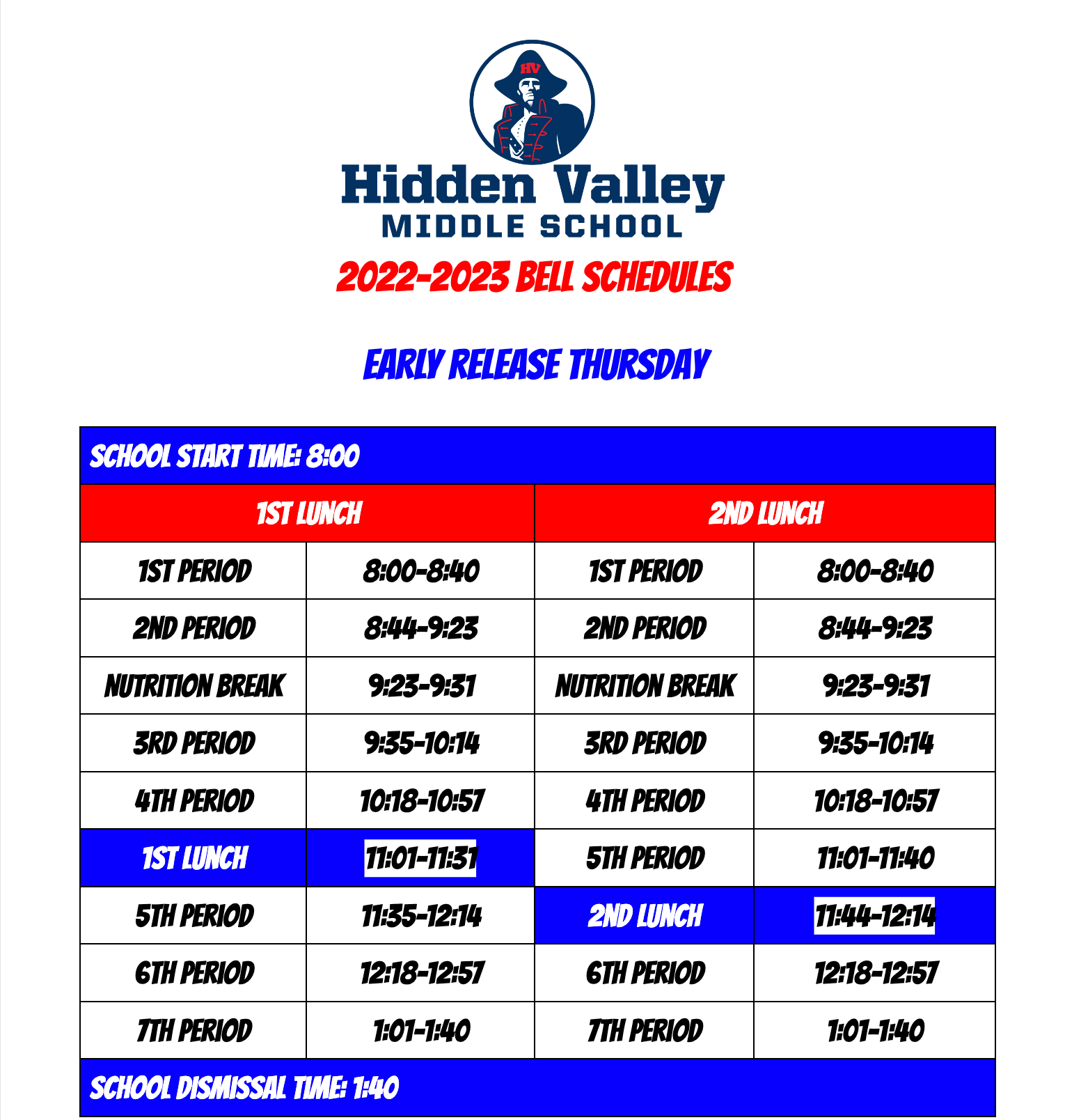 Bell Schedules Hidden Valley Middle School