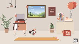 Illustration of an interior room with tv and headphones and plants.