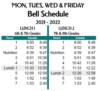Monday, Tuesday, Wednesday and Friday bell schedule