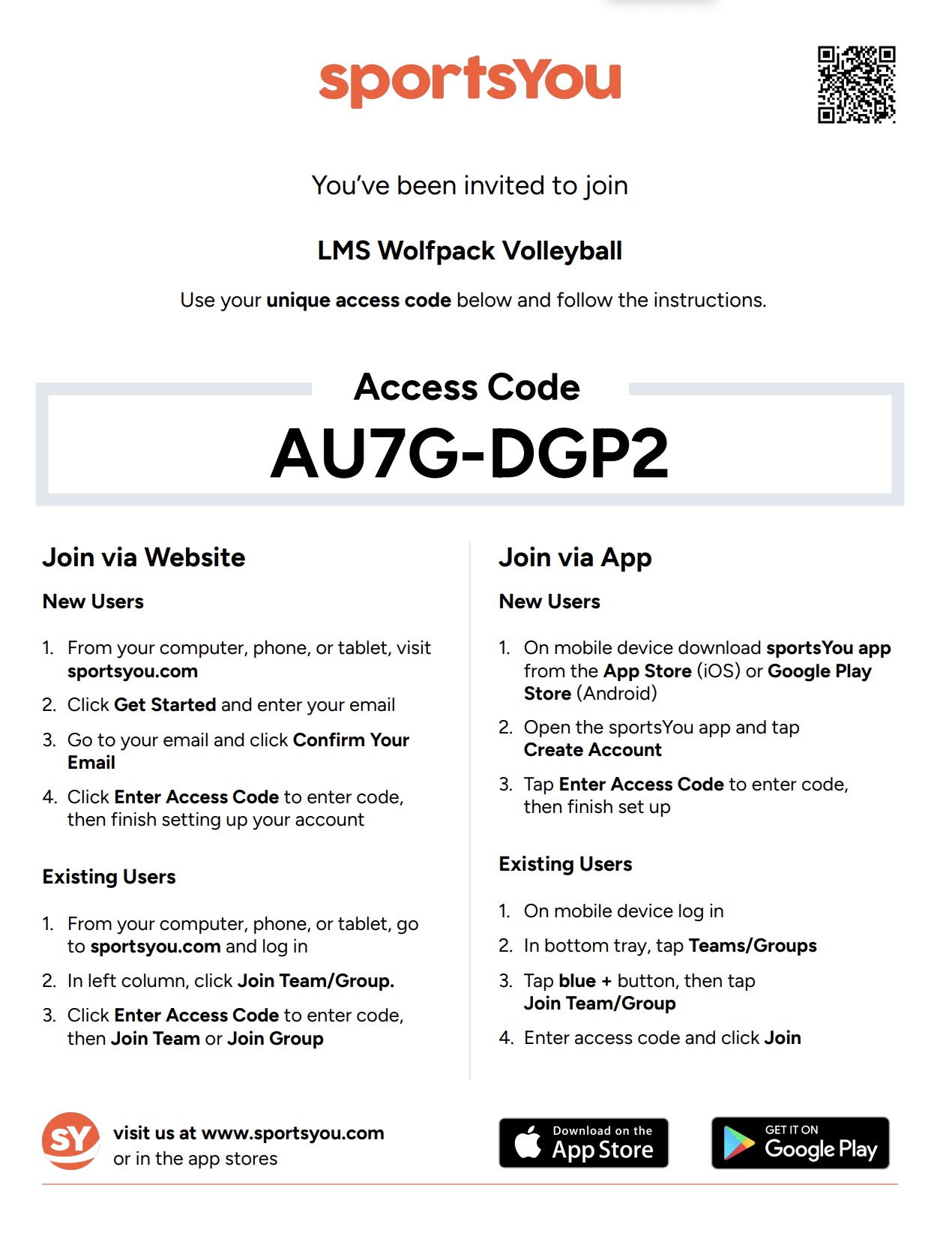 Register your athlete through the app