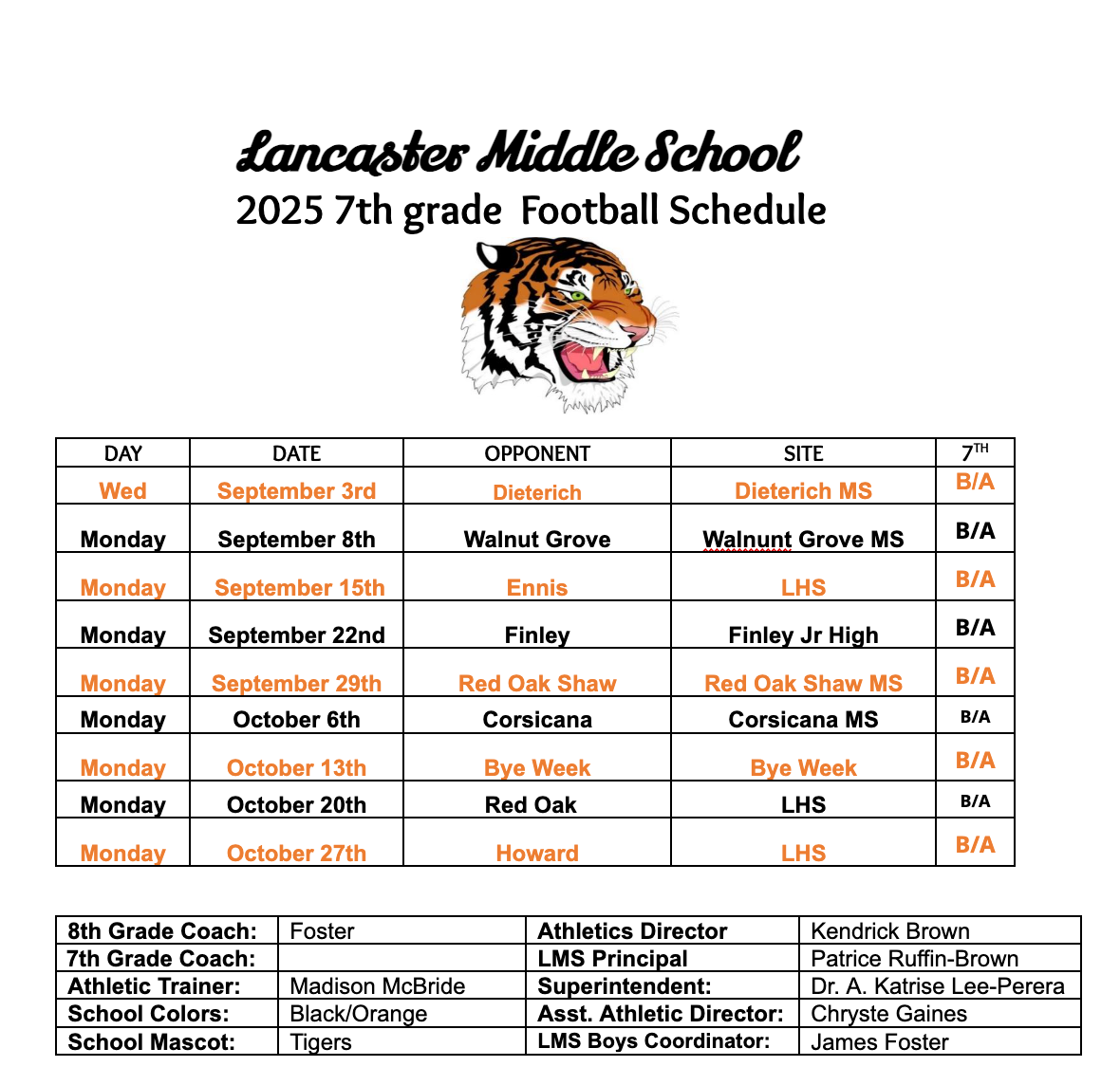 2025 7th grade Football Schedule