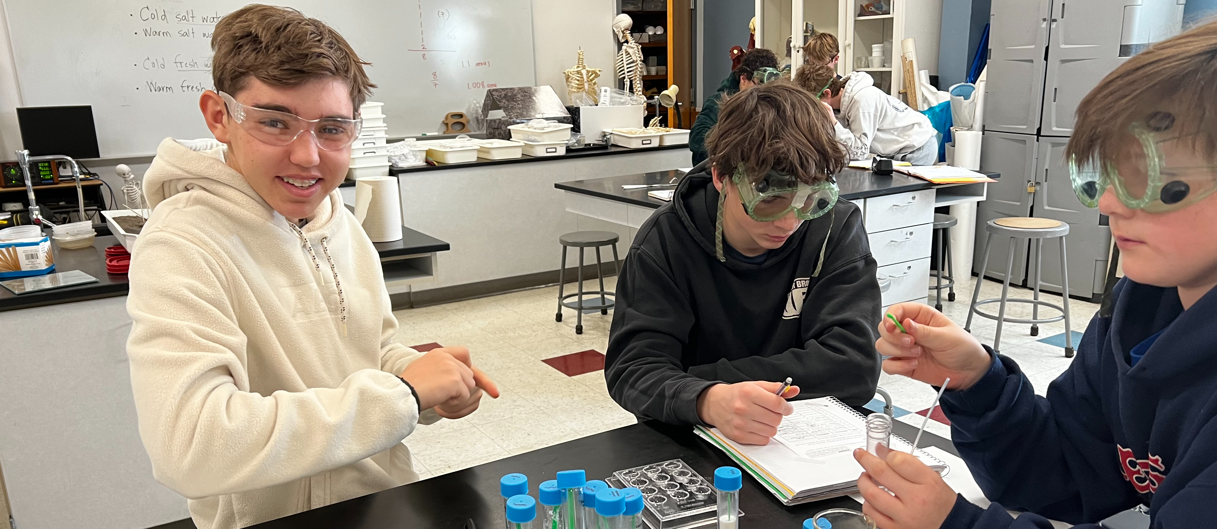 Science - Three High School Boys in Chemistry Class