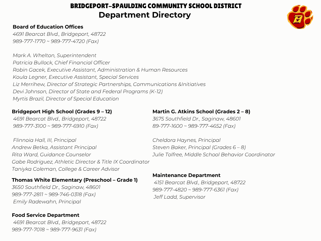 A directory for the BRIDGEPORT-SPAULDING COMMUNITY SCHOOL DISTRICT, listing contact information for various offices and schools. It includes "Board of Education Offices" with the address 4691 Bearcat Blvd, Bridgeport, 48722 and phone numbers. Key personnel are listed: Mark A. Whelton (Superintendent), Patricia Bullock (Chief Financial Officer), Robin Gacek (Executive Assistant, Administration & Human Resources), Koula Legner (Executive Assistant, Special Services), Liz Merrihew (Director of Strategic Partnerships, Communications & Initiatives), Devi Johnson (Director of State and Federal Programs (K-12)), and Myrtis Brazil (Director of Special Education).  The directory then lists individual schools and departments with their addresses and phone numbers:  Bridgeport High School (Grades 9 – 12): 4691 Bearcat Blvd., Bridgeport, 48722, with Flinnoia Hall III (Principal), Andrew Betko (Assistant Principal), Rita Ward (Guidance Counselor), Gabe Rodriguez (Athletic Director & Title IX Coordinator), and Taniyka Coleman (College & Career Advisor).  Martin G. Atkins School (Grades 2 – 8): 3675 Southfield Dr., Saginaw, 48601, with Cheldora Haynes (Principal), Steven Baker (Principal (Grades 6 – 8)), and Julie Tollfree (Middle School Behavior Coordinator).  Thomas White Elementary (Preschool – Grade 1): 3650 Southfield Dr., Saginaw, 48601, with Emily Radewahn (Principal).  Maintenance Department: 4151 Bearcat Blvd., Bridgeport, 48722, with Jeff Ladd (Supervisor).  Food Service Department: 4691 Bearcat Blvd., Bridgeport, 48722.  A red and yellow paw print logo is in the top right corner.