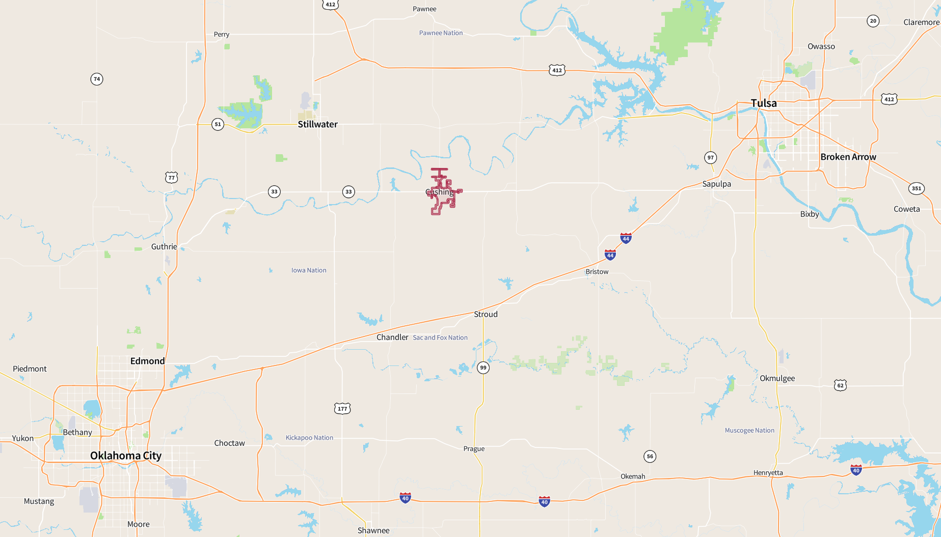 Detailed map indicating the location where a tornado touched down, with marked areas of damage.