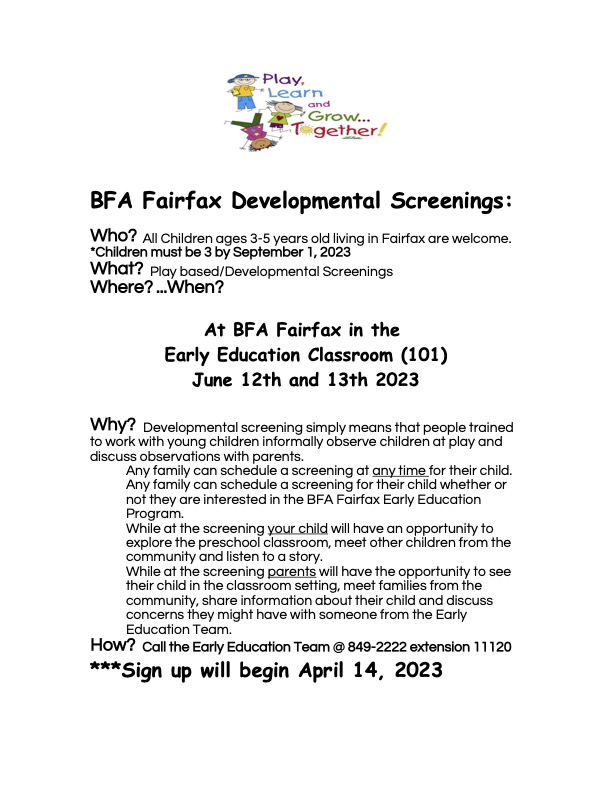 BFA Fairfax Developmental Screenings Information 2023-2024