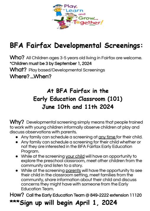 Fairfax developmental screenings document