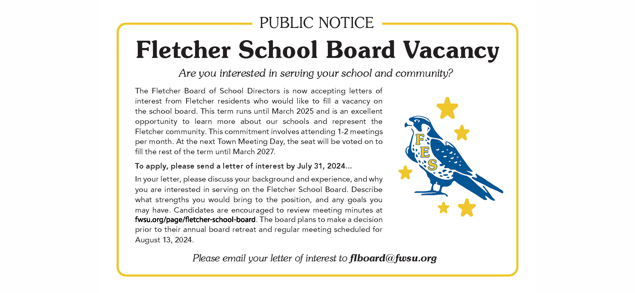 Fletcher School Board Vacancy