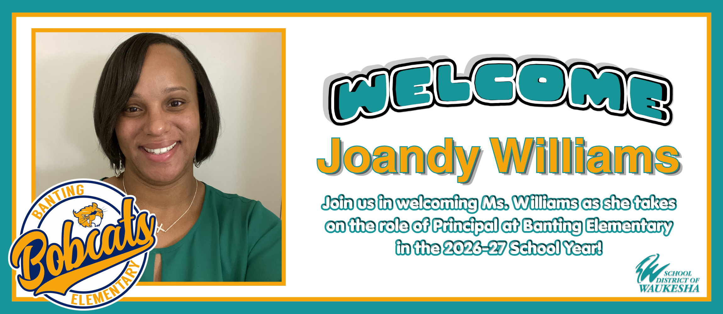 A smiling woman in a green shirt with a necklace. "Welcome Joandy Williams" and "Patriots" text in a bold font.