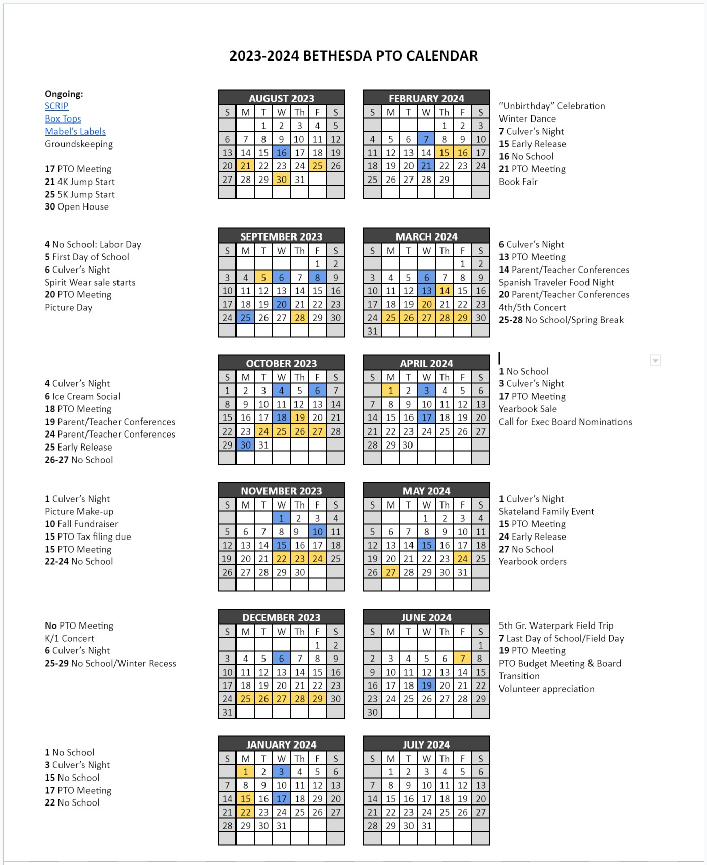 PTO Calendar Bethesda Elementary School