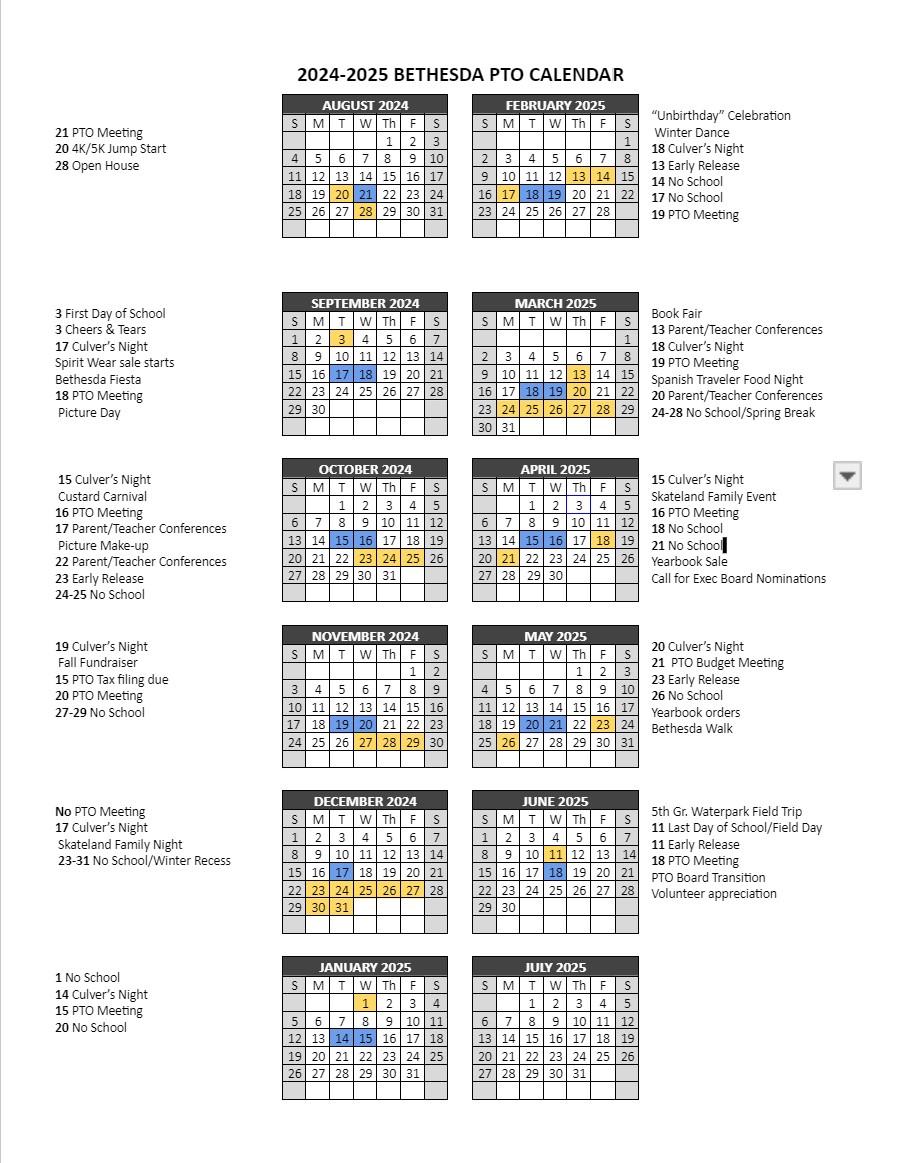 Bethesda PTO Calendar. Click to view live version.