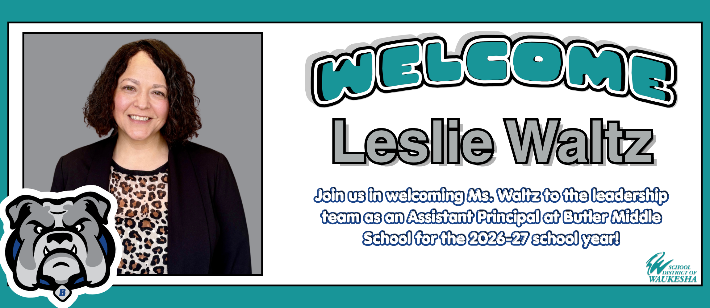 A blue and white banner introduces Leslie Waltz, with a photo of her smiling, and a bulldog icon.
