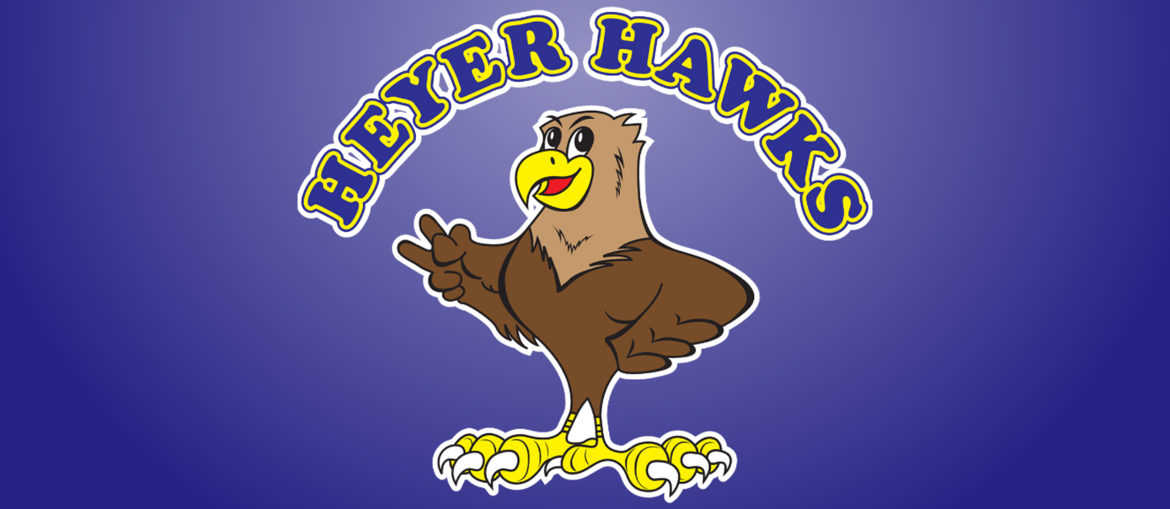 Blue background with a cartoon hawk. Words "HEYER HAWKS" in yellow.