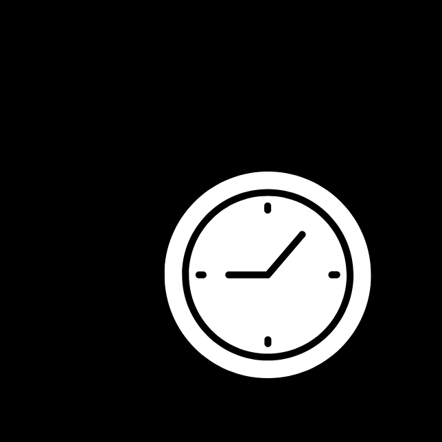 A clock with white numbers and hands on a black background, the hour hand at 12, the minute hand at 6.