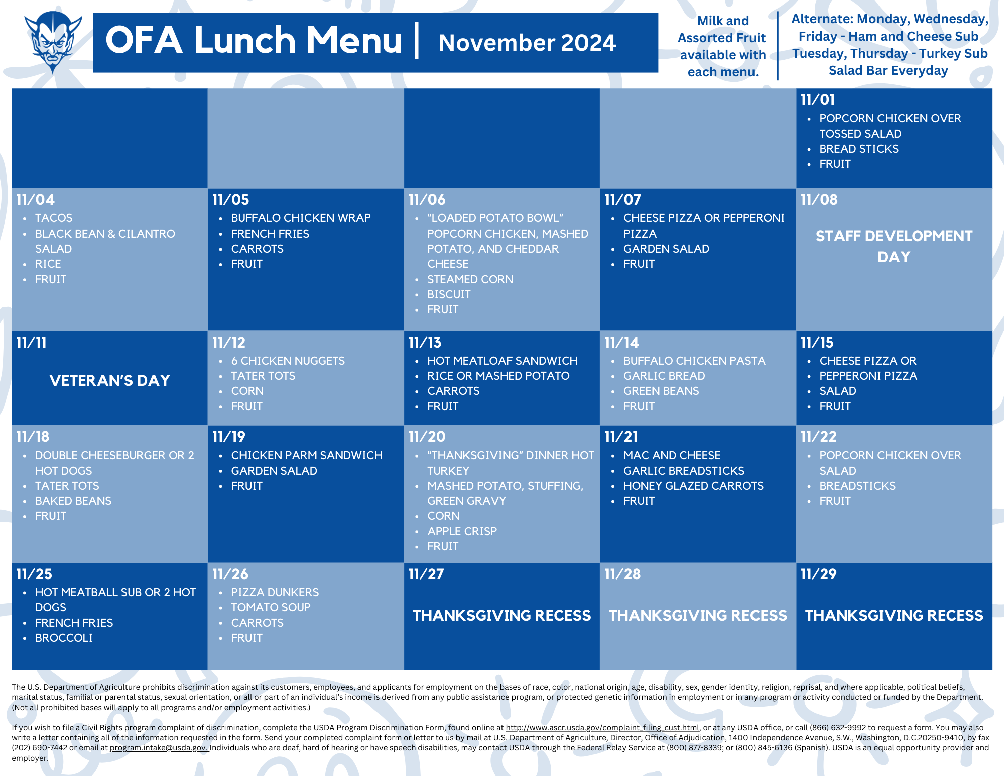 OFA November 2024 Lunch Calendar