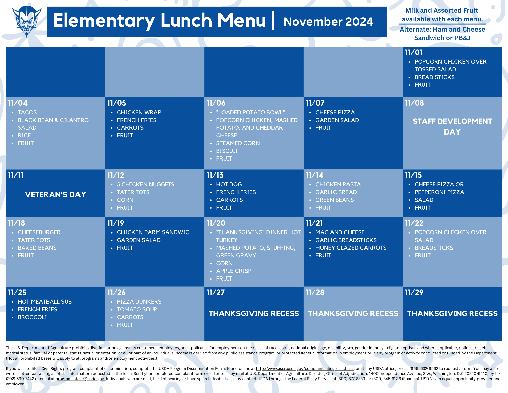 Elementary November 2024 Lunch Calendar