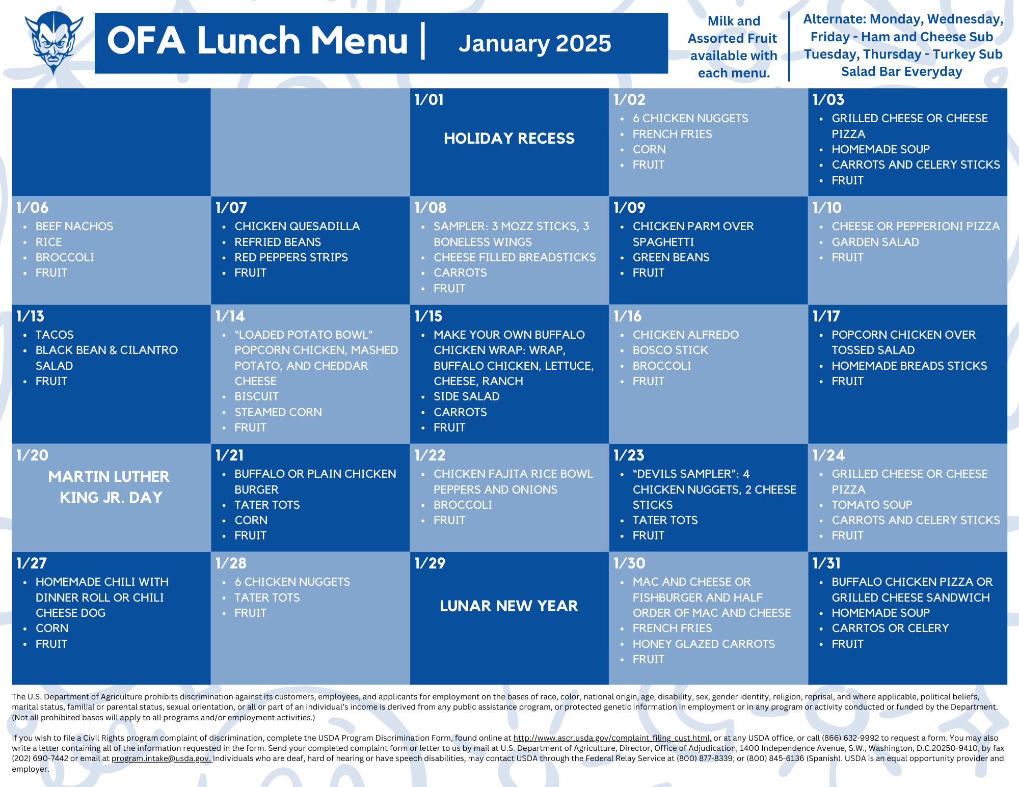 OFA January 2025 Lunch Menu