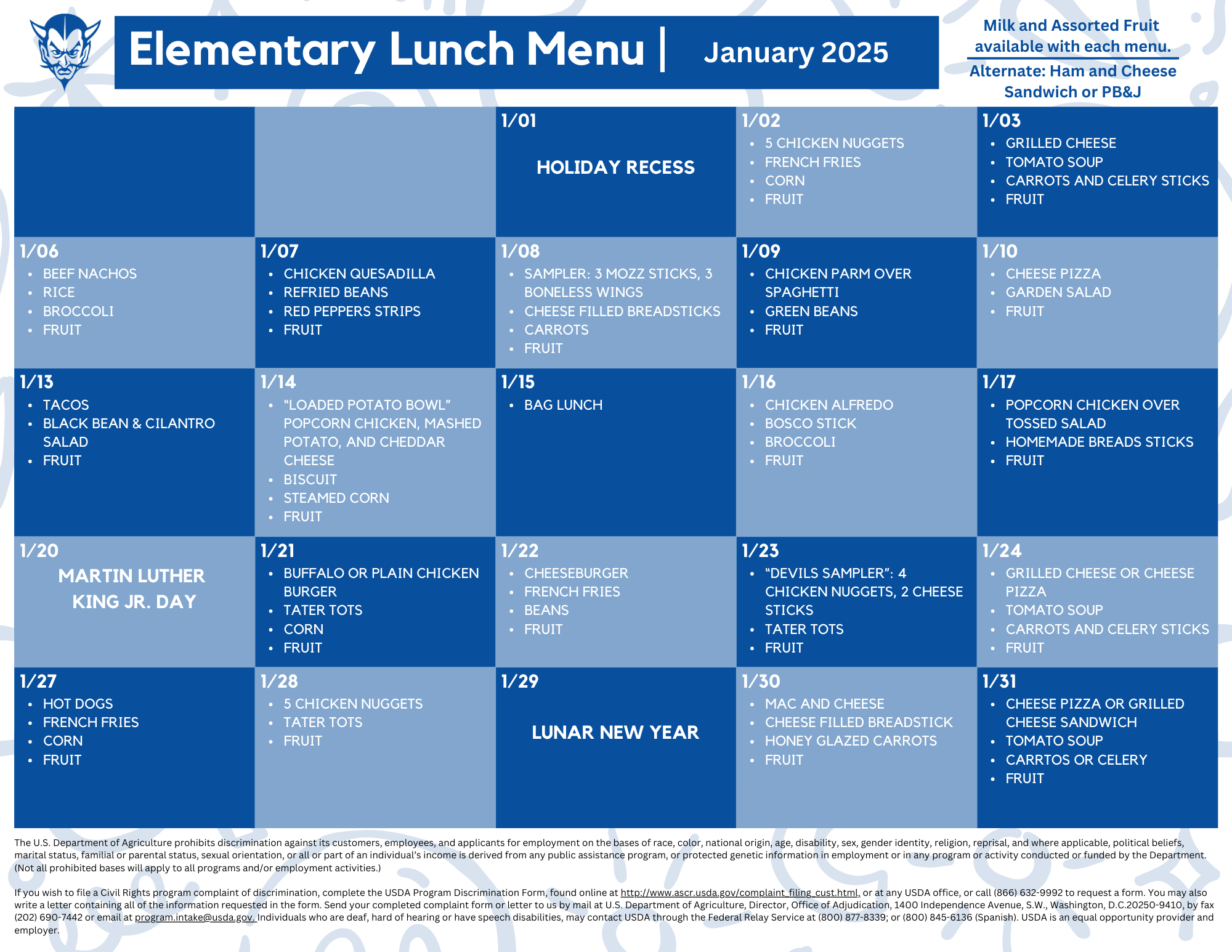 Elementary January 2025 Lunch Menu