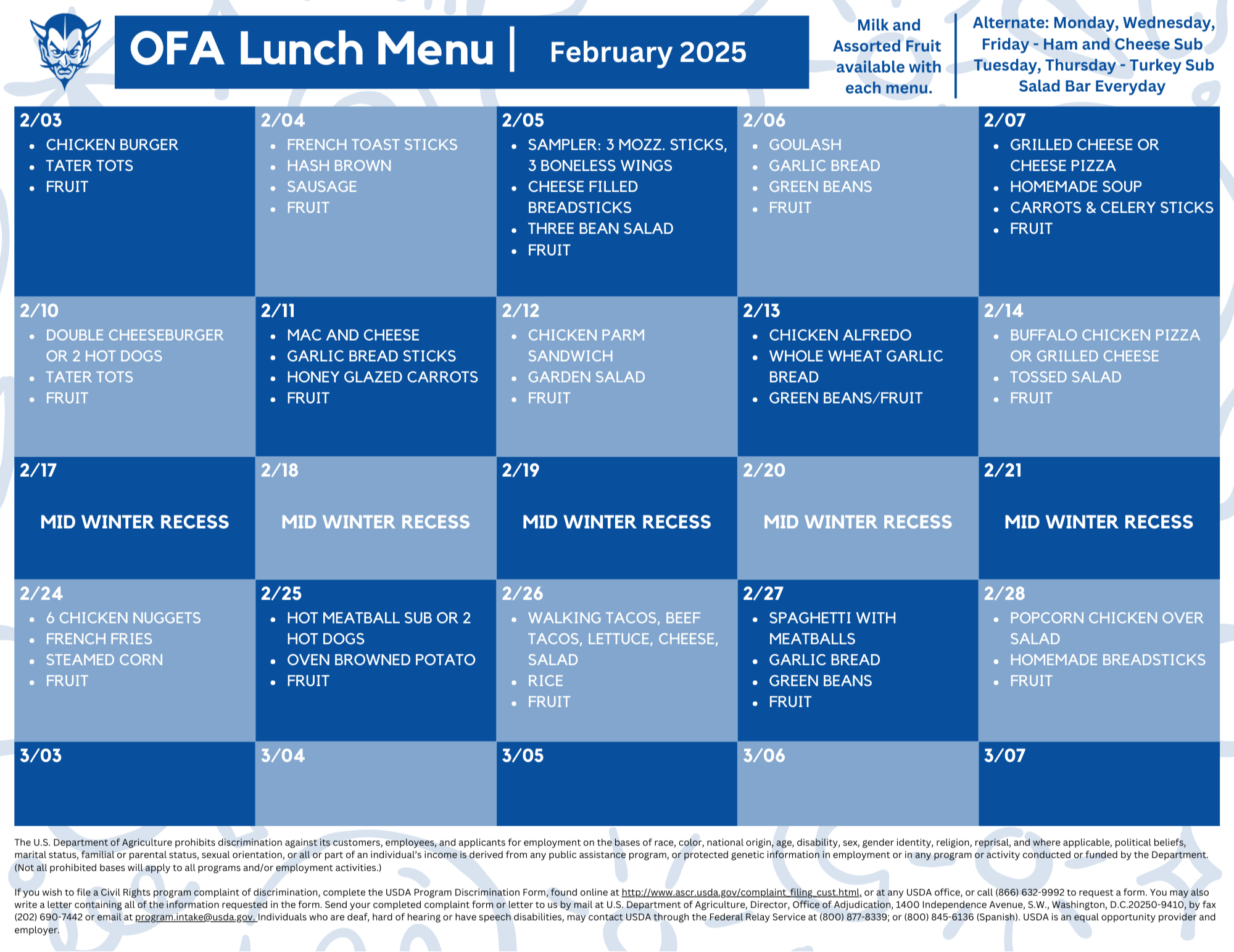 OFA February 2025 Lunch Menu