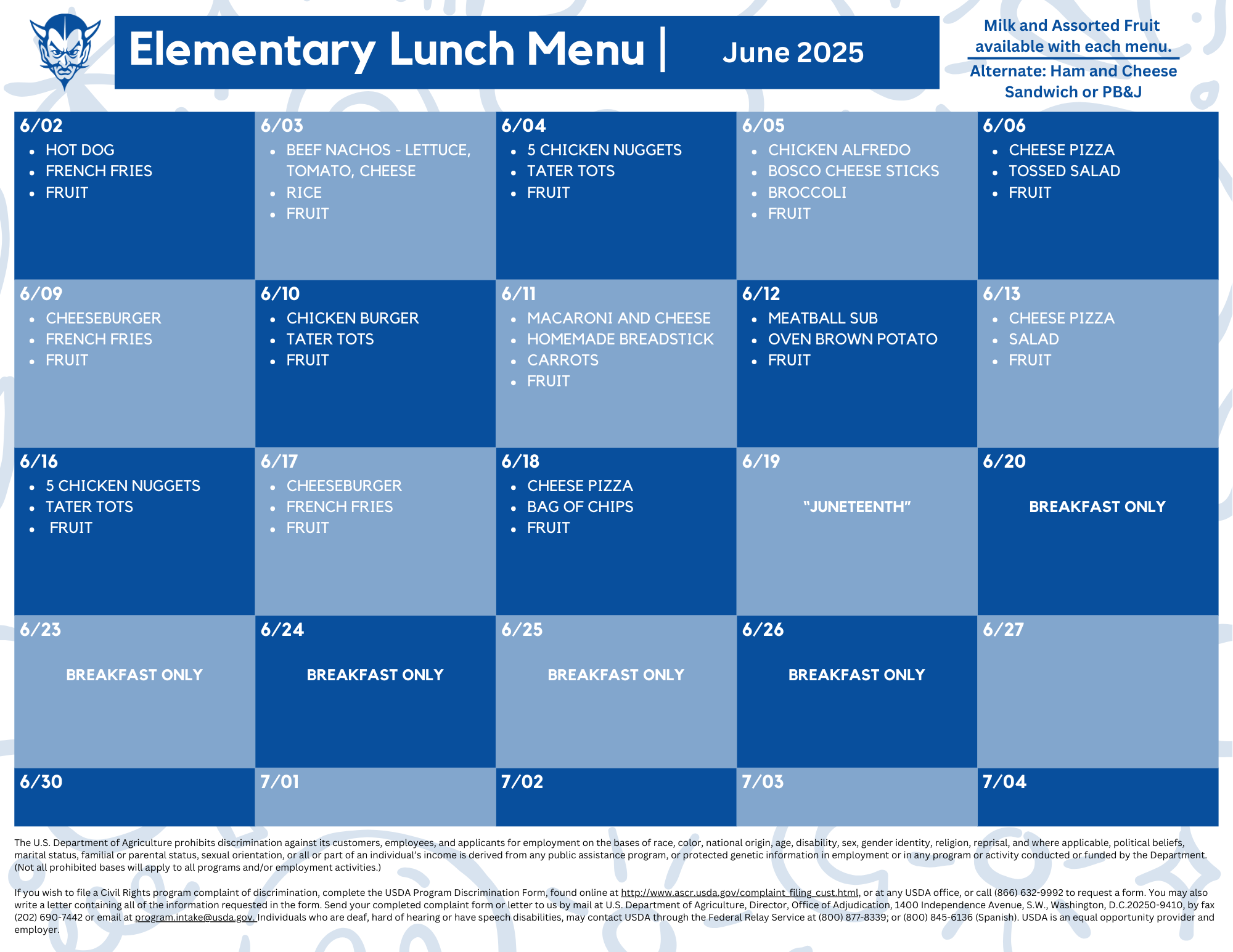 OCSD Elementary June Lunch Menu