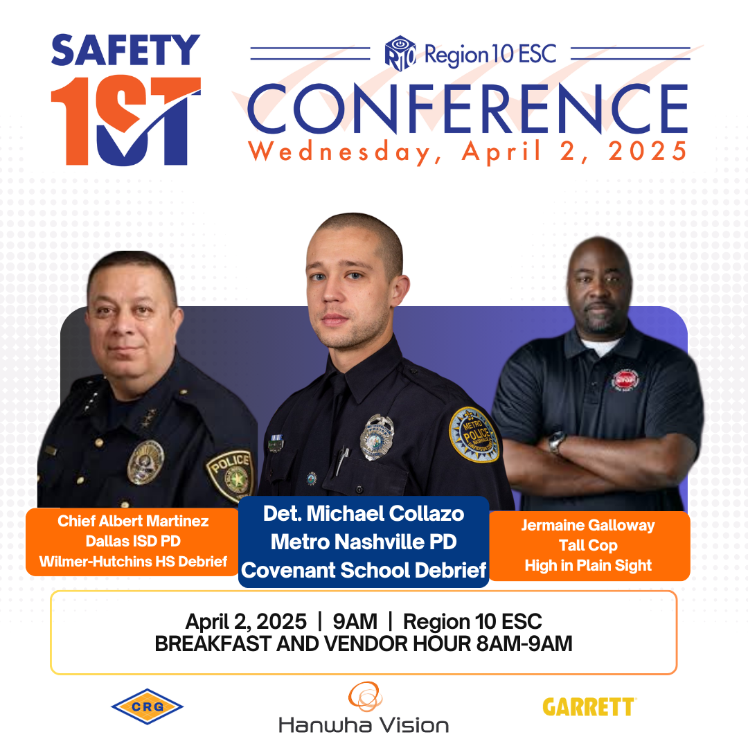 Safety 1st Conference. Wednesday April 2, 2025.  Speakers Michael Collazo, Albert Martinez, Jermaine Galloway.  . 9:00 am. Region 10 ESC. Breakfast and vendor hour 8:00 am  to 9:00 am