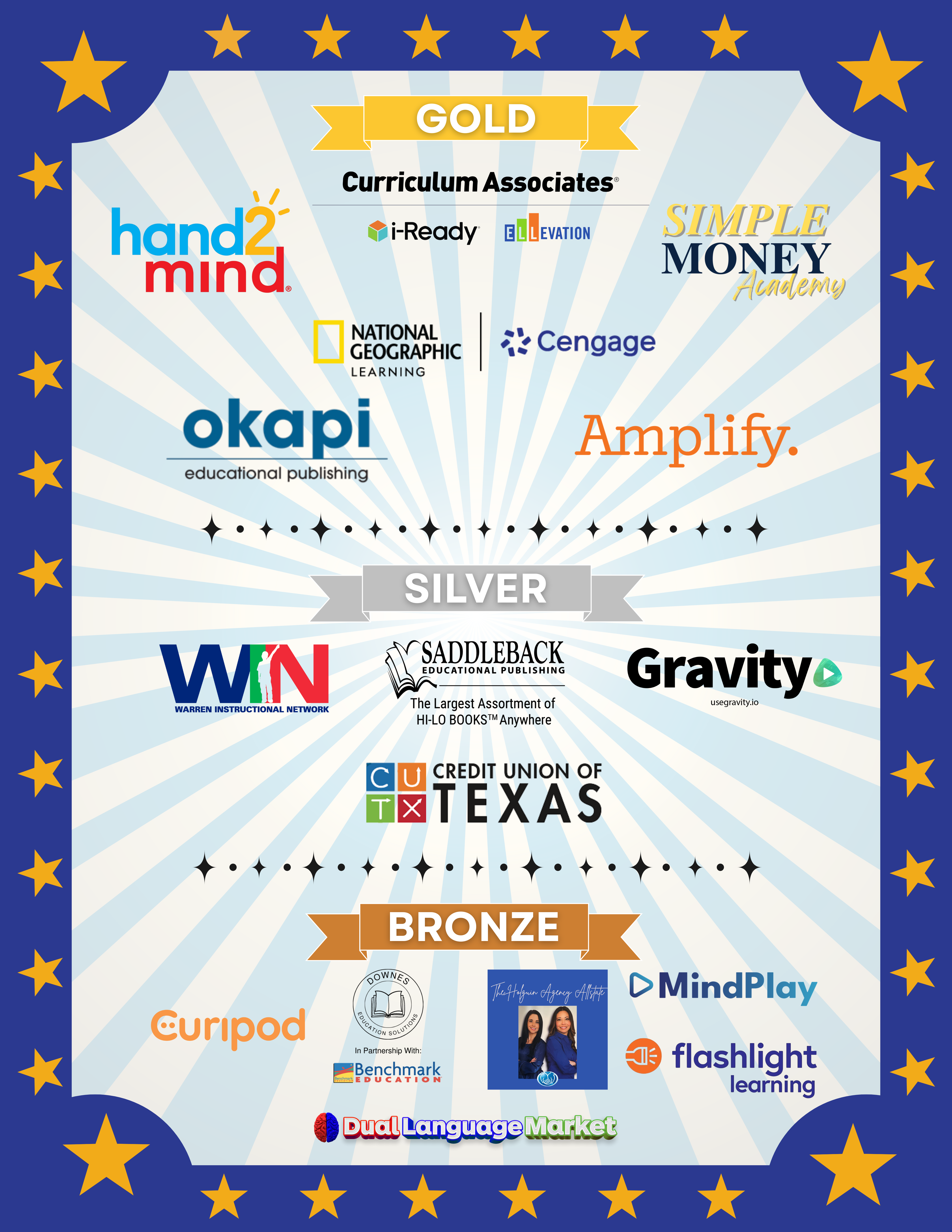 Gold Level: Hand2Mind, Curriculum Associates/Ellevation, Simple Money Academy, National Geographic/Cengage, Okapi, Amplify; Silver Level: Warren Instructional Network, Saddleback, Gravity, Credit Union of Texas; Bronze Level: Benchmark, Holguien Agency Allstate, Mindplay, Curipod, Dual Language Market, Flashlight Learning