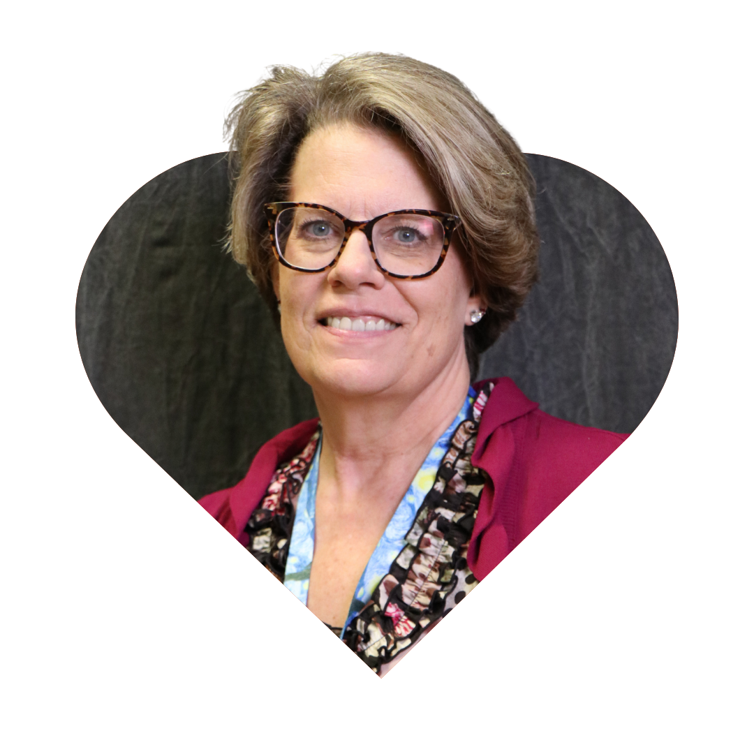 headshot of Karen Sanders in a heart