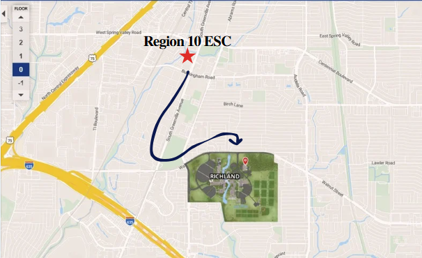 Google map with a red star where Region 10 is located at 400 E. Spring Valley, Richardson, TX 75081, with an arrow pointing to Richland College, just down Abrams Rd., at 12800 Abrams Rd., Dallas TX 75081
