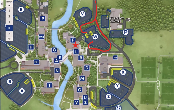 Drawing looking down onto Richland Campus, with a red line drawn where to enter into W parking log and a red star by the 'F' Fannin building.