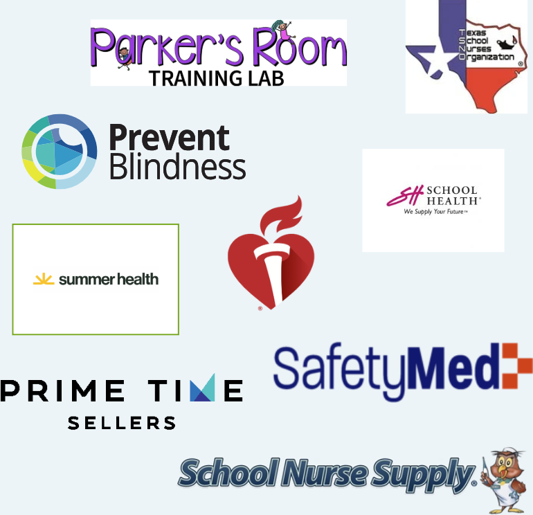 Vendor logos: Parker's Room Training Lab, Texas School Nurses Organization, Prevent Blindness, Summer Health, American Heart Association, School Health, Prime Time Sellers, Safety Med, School Nurse Supply